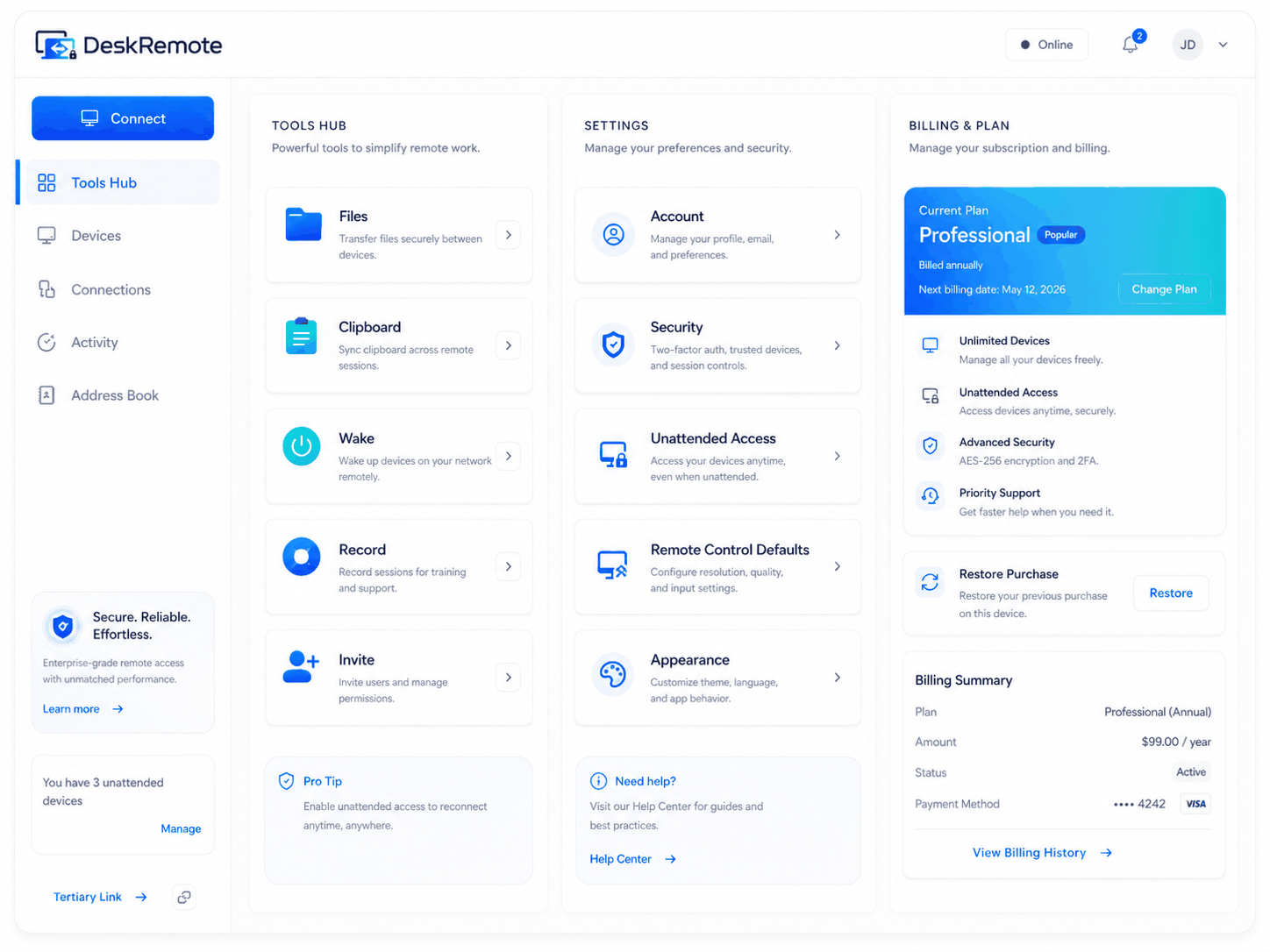 Settings and billing